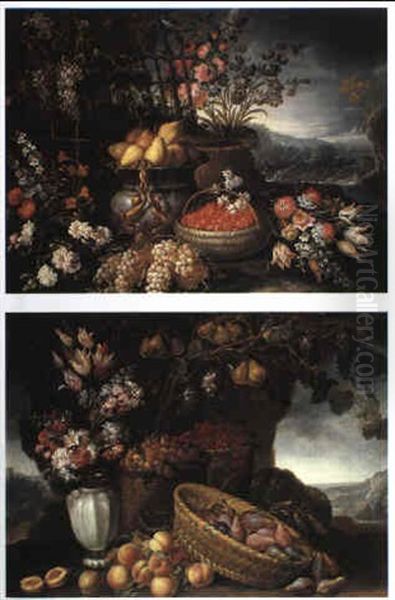 Still Lifes Of Fruit In Baskets And Flowers In Garden Settings - view 1