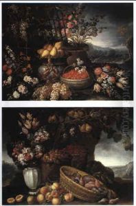 Still Lifes Of Fruit In Baskets And Flowers In Garden Settings by Bartolommeo Bimbi