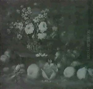 A Still Life Of A Basket Of Flowers Upon A Stone Step With  Pomegranates, Lemons, Plums, Walnuts And Apples...