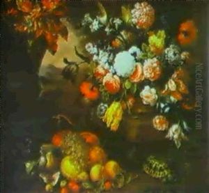 Still Life Of Flowers In A Wicker Basket, Fruit And A Tortoise Beside An Urn by Bartolommeo Bimbi