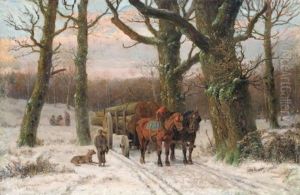 Abendliche Winterlandschaft Mit Holzfuhrwerk
