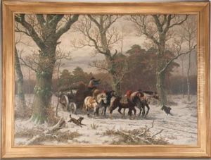 Woodsman Bringing Logs From The Winter Forest