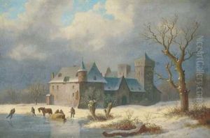 Winterlandschaft Mit Einer Burg Und Eislaufern by Caesar Bimmermann