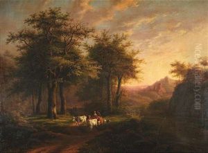 Landschaft Im Abendlicht Mit Spaziergangern Und Kuhen Am Waldrand (+ Another, Similar; Pair)
