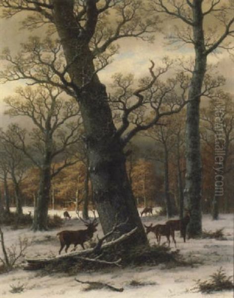 A Wooded Clearing Under Snowfall With Deer Grazing - view 1
