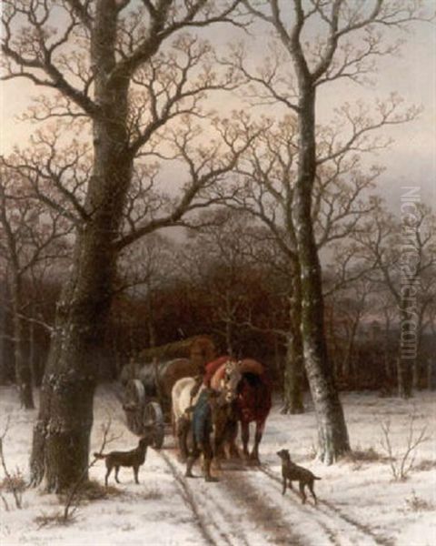 Waldbauer Mit Einem Pferdegespann Im Winterwald - view 1