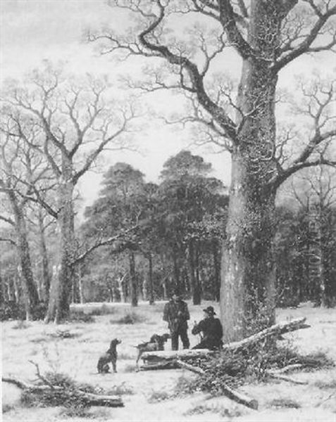 Huntsman And Dogs Resting In A Winter Wood - view 1