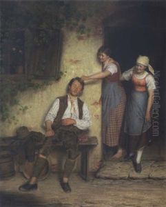 Zwei Dirndln Neckten Einen Schlafenden Jungen Mann by Alois Binder