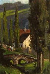 Landschaft Mit Brucke Bei Einem Haus