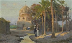 Orientalinnen Unter Palmen - Im Mittelgrund Eine Moschee