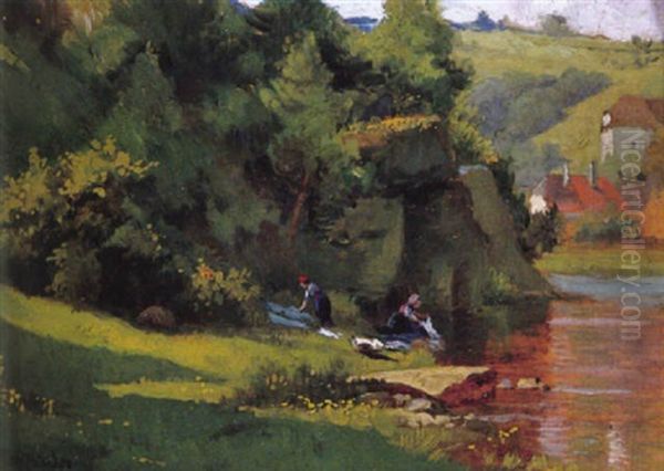Besonnte Fluslandschaft An Der Ilz Mit Wascherinnen Am Ufer - view 1