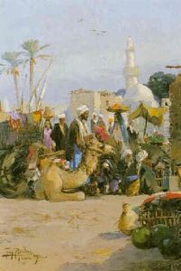 Figures With A Camel In A North African Market by Tony Binder