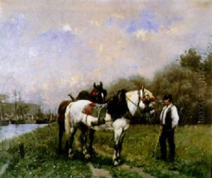 A Groom And Two Horses In A River Landscape by Adolphe Gustave Binet