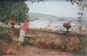 Jeune Femme Sur La Terrasse En Bord De Mer by Georges Binet