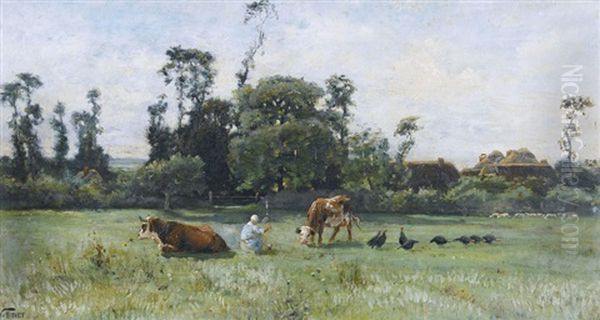 Weidelandschaft Mit Bauerin, Kuhen Und Huhnerschar - view 1