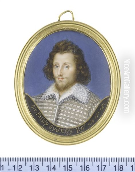 Sir Philip Sidney (1554-1586), Wearing Grey Doublet Laid Across With Silver Cord, White Lace Falling Collar With Scalloped Edge...(after Isaac Oliver) - view 1