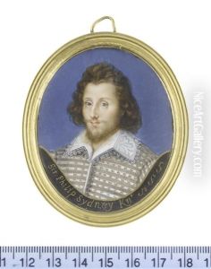 Sir Philip Sidney (1554-1586), Wearing Grey Doublet Laid Across With Silver Cord, White Lace Falling Collar With Scalloped Edge...(after Isaac Oliver) by Margaret, Lady Bingham