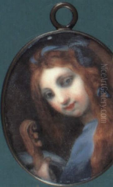 A Lady Dressed In Blue With Matching Ribbon In Her Auburn Hair, Holding A Violin - view 1