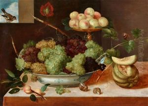 Still Life With Grapes In A Porcelain Dish, Peaches, Melons, And Snails by Pieter Binoit