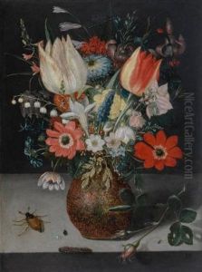 Still Life Of Flowers In An Earthenware Vase On A Stone Ledge, With Insects And A Caterpillar Beside It by Pieter Binoit