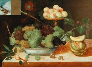 A Still Life With Grapes In A Porcelain Bowl by Pieter Binoit