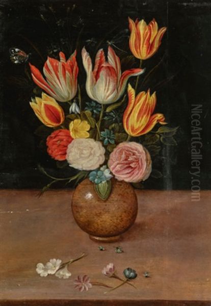 Still Life Of Flowers, Including Tulips And Roses, In A Stone Urn On A Ledge - view 1
