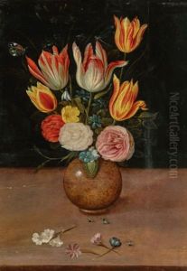 Still Life Of Flowers, Including Tulips And Roses, In A Stone Urn On A Ledge