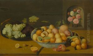 Still Life With Citrus Fruits In A Bowl, Grapes On A Silver Plate And A Bouquet Of Flowers In A Niche by Pieter Binoit