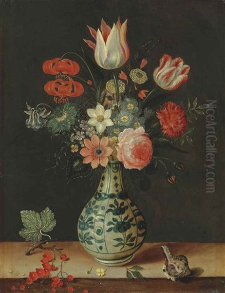 Flowers In A Wan-li Vase On A Ledge by Pieter Binoit
