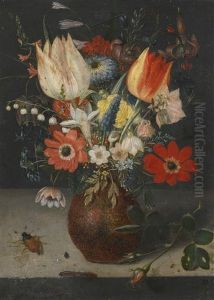 Still Life Of Flowers In An Earthenware Vase On A Ledge