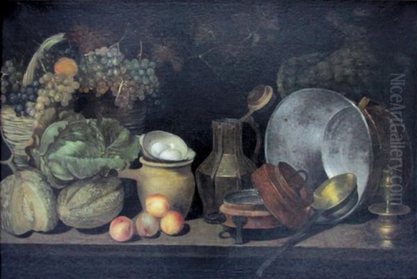 Nature Morte Au Panier De Raisins, Choux, Melons, Abricots Et Ustensiles De Cuivre - view 1