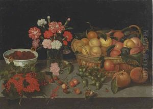 Apricots In A Woven Basket, Carnations In A Glass Vase, Raspberries In A Wan-li Bowl, With Redcurrants, Other Fruit, And Insects On A Stone Ledge by Pieter Binoit