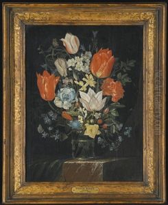 Still Life Of Tulips, Forget-me-nots, Fritillaries And Other Flowers In A Vase On A Marble Ledge by Pieter Binoit