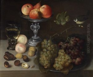 A Pewter Dish Of Apples With A Glass Of Wine, Peaches, Walnuts, Chestnuts And Grapes On A Stone Ledge, A Blue Tit Perching On A Branch by Pieter Binoit