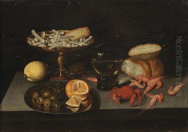 Nature Morte Aux Crustaces, Olives, Citron Et Sucreries Sur Un Entablement - view 1