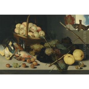A Still Life With A Basket Of Peaches, Grapes, Snail Shells, Medlers And Dead Game, All Arranged Beneath An Open Window by Pieter Binoit