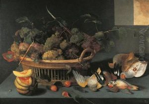 Stilleben Mit Trauben, Vogeln Und Einer Melone Auf Einem Tisch by Pieter Binoit