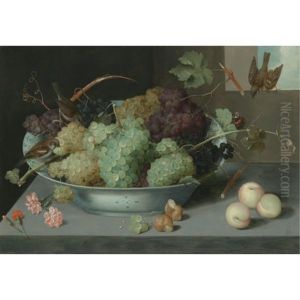 Still Life With Bunches Of Grapes In A Porcelain Bowl, Three Sparrows, And A Butterfly, With Peaches And Snails On The Stone Ledge Below by Pieter Binoit