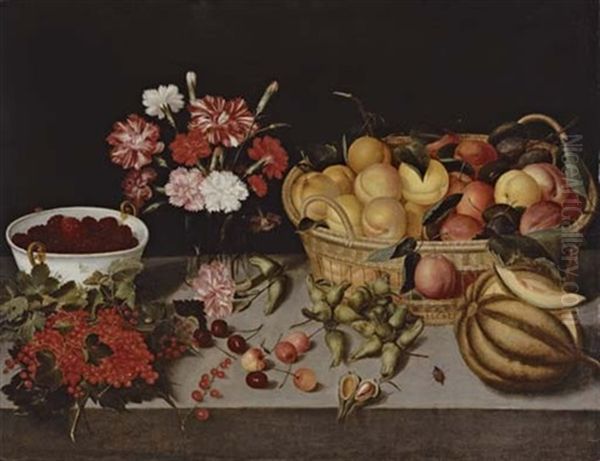 A Basket Of Peaches And Plums, Carnations In A Vase, A Bowl Of Blackberries, A Melon, Cherries, Hazelnuts And Red Currants On A Table Ledge - view 1