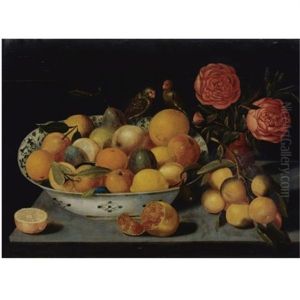 Still Life Of Fruit In A Wanli Kraak Porcelain Bowl Resting On A Table With A Pomegranate, A Bunch Of Oranges, Roses In A Vase And Two Parrots by Pieter Binoit