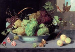 Grappes De Raisin Dans Un Plat En Porcelaine Wan-li Et Trois Moineaux by Pieter Binoit