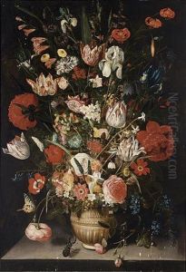 A Still Life With Tulips, Roses, Irises, Carnations, Raceme Daffodils, Poppy Anemones, Hyacinth And Other Flowers In A Stoneware Vase, With A Butterfly And A Stag Beetle by Pieter Binoit