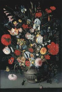 Tulips, Irises, Pink And White Roses, Narcissi, Primroses And Other Flowers In A Stone Vase With Butterflies, A Caterpillar, A Snail And ... Tulips, Irises, Pink And White Roses, Narcissi, Primroses And Other Flowers In A Stone Vase With Butterflies, A Caterpillar, A Snail And ...