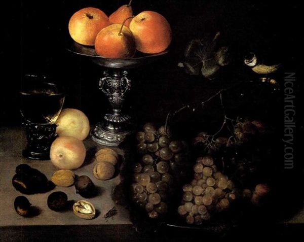 Nature Morte Aux Plat De Raisins, Verre De Vin, Pommes Et Poires Dans Un Coupe En Argent - view 1