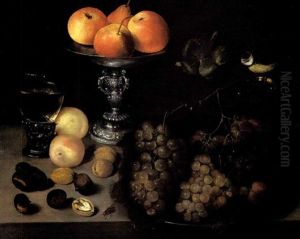 Nature Morte Aux Plat De Raisins, Verre De Vin, Pommes Et Poires Dans Un Coupe En Argent by Pieter Binoit