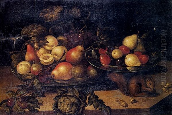 Nature Morte Aux Plats De Fruits Et Ecureuil Sur Un Entablement - view 1
