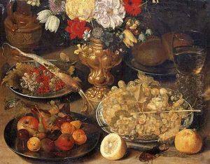 A Vase Of Flowers, Silver Platters With Fruit And Rolls, Grapes In A Delftware Bowl, A Roemer Of Wine, An Ewer, A Beetle And A Butterfly, Half A Lemon And A Peach On A Table