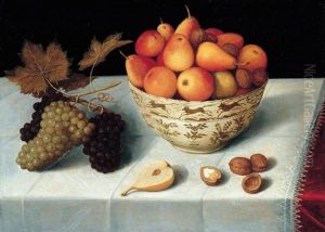 A Still Life Of Apples, Pears And Walnuts In A Porcelain Bowl Together With A Bunch Of Grapes, Walnuts And Half A Pear Resting On A Table by Pieter Binoit
