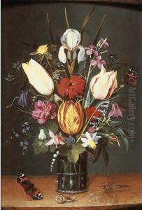 An Iris, Tulips, Forget-me-not, Lilies Of The Valley And Other Flowers In A Roemer On A Wooden Ledge, With A Snail, A Dragonfly And Two Butterflies by Pieter Binoit