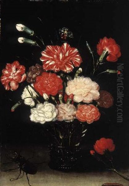 Carnations In A Roemer With A Butterfly, A Caterpillar And A Stag Beetle - view 1
